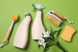 Detergents and brushes with fresh flowers on green background