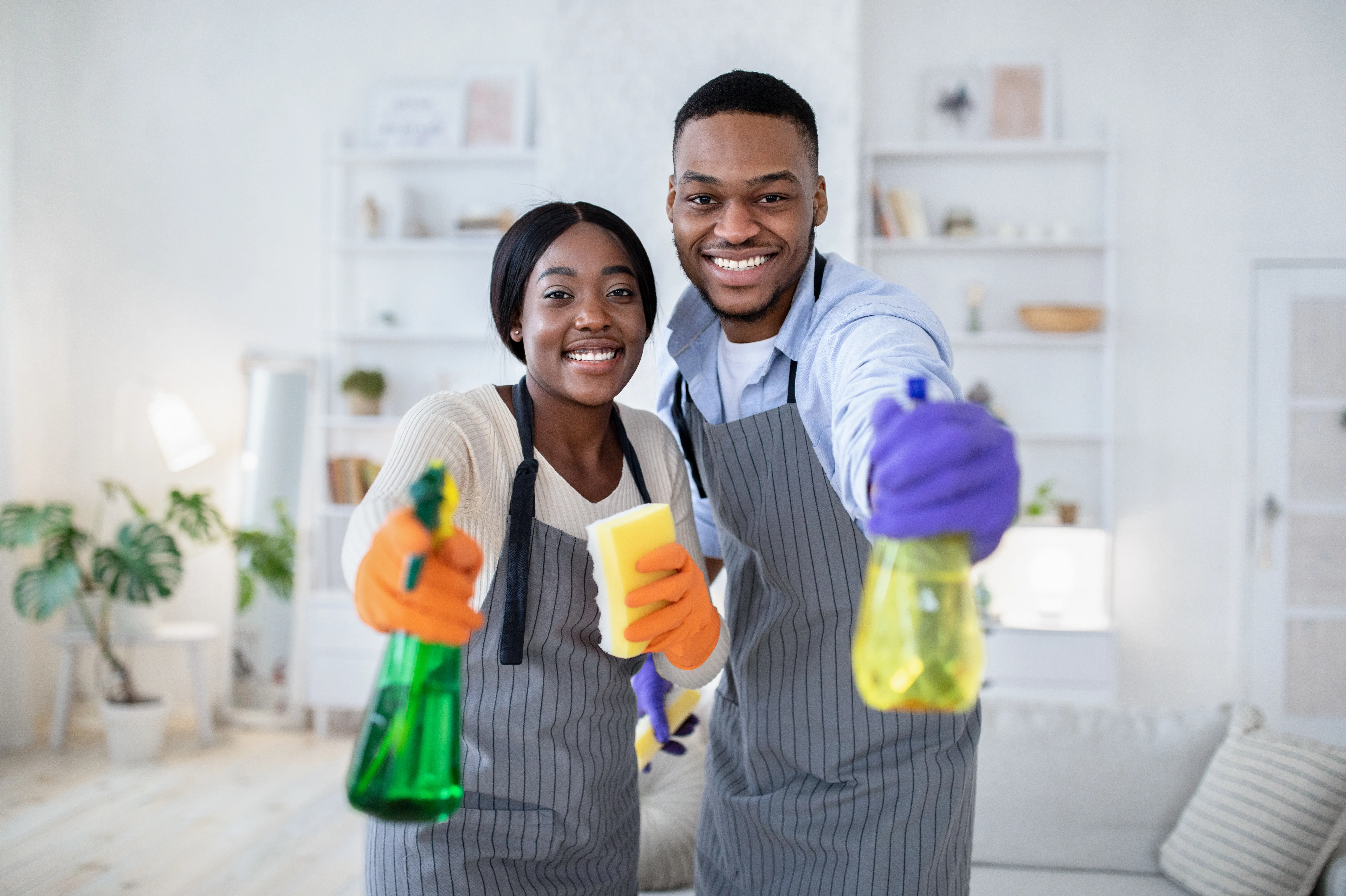 Happy black guy and his wife aiming spray detergents at camera, performing domestic cleanup, indoors